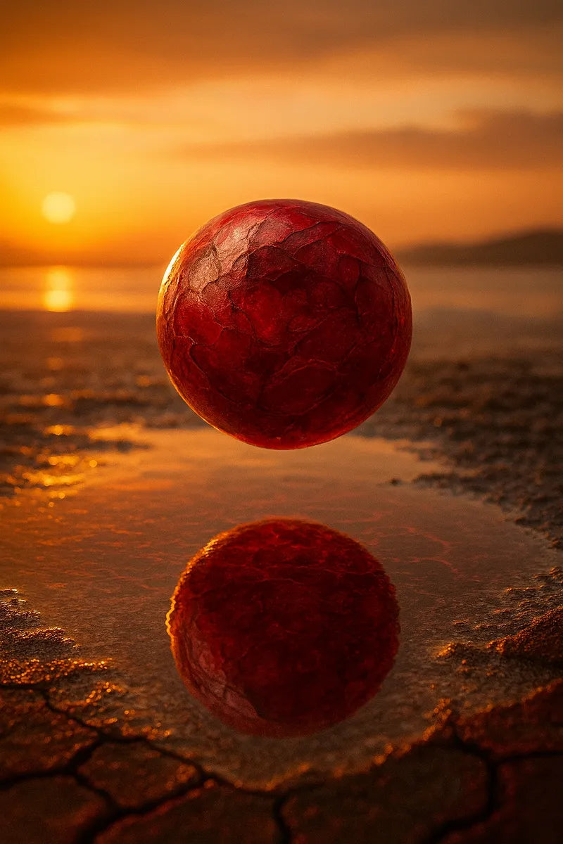 Rubra bead floating above cracked desert ground, reflecting crimson dusk beneath the setting sun