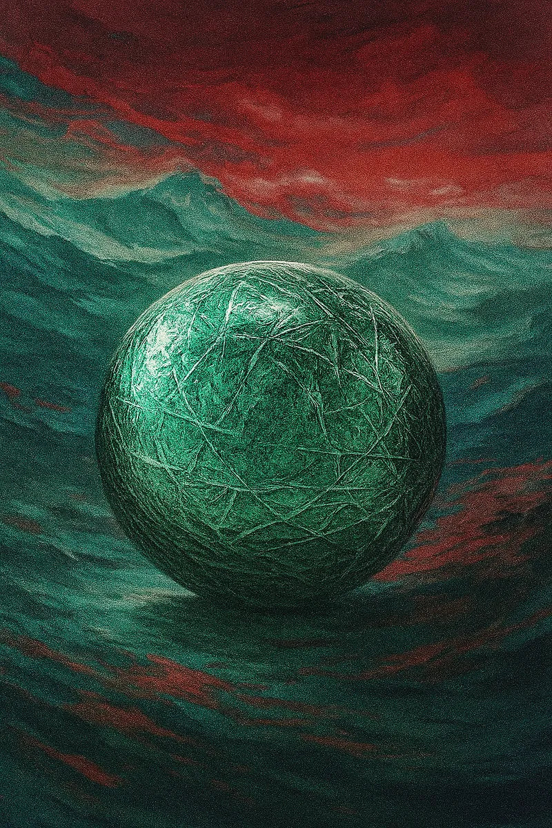 Viridia bead in a dreamlike desert mirage, glowing with green waves