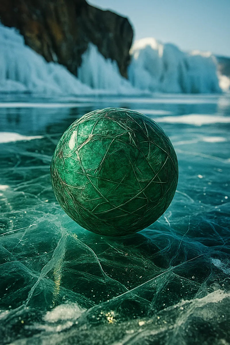 Viridia bead resting on frozen lake surface, reflecting the ice-crystal veins of the desert’s hidden green eye