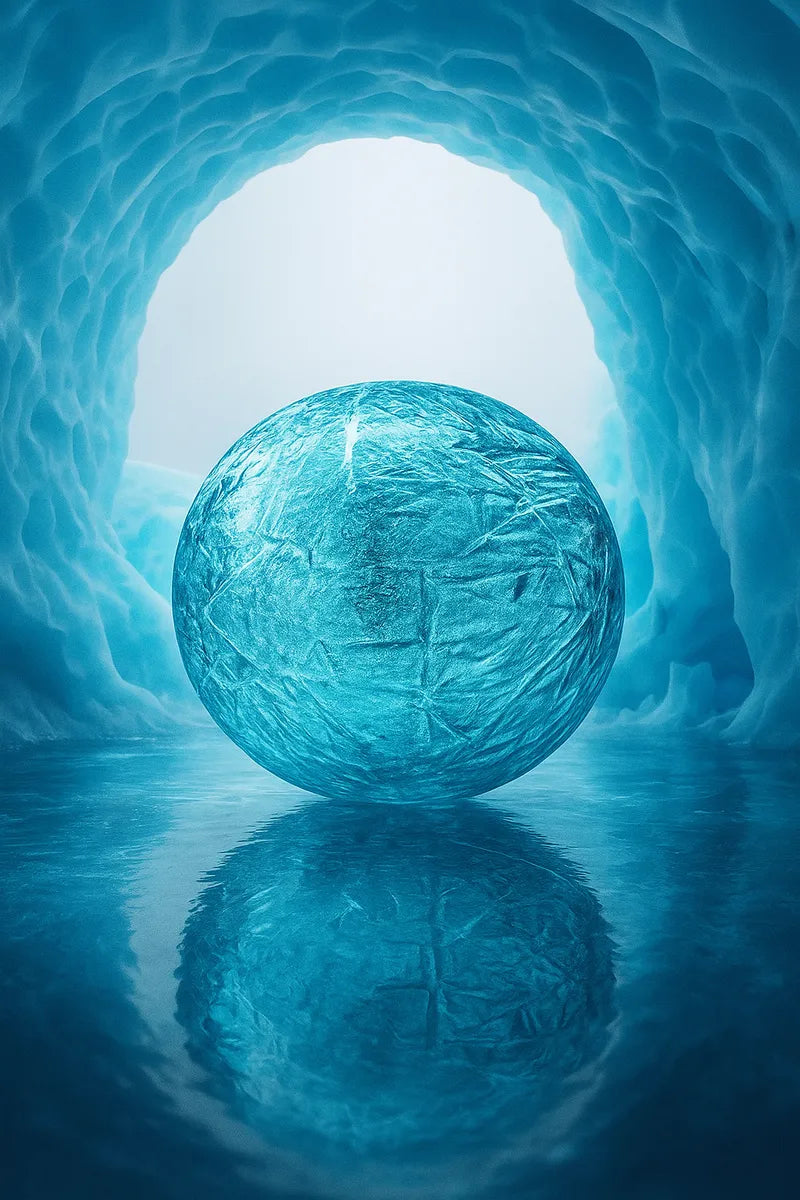 Glacia bead in a dreamlike polar aurora scene, glowing with ice-crystal light