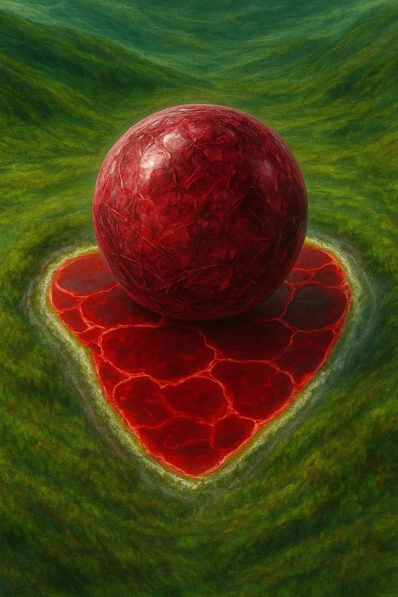 Rubra bead resting on a heart-shaped lava vein within green earth, symbolizing the fire pulsing beneath the desert